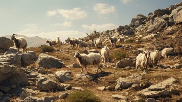 Uma foto de um rebanho de cabras pastando em uma terra rochosa