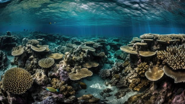 Foto uma foto de um recife de coral com um peixe nadando na água.