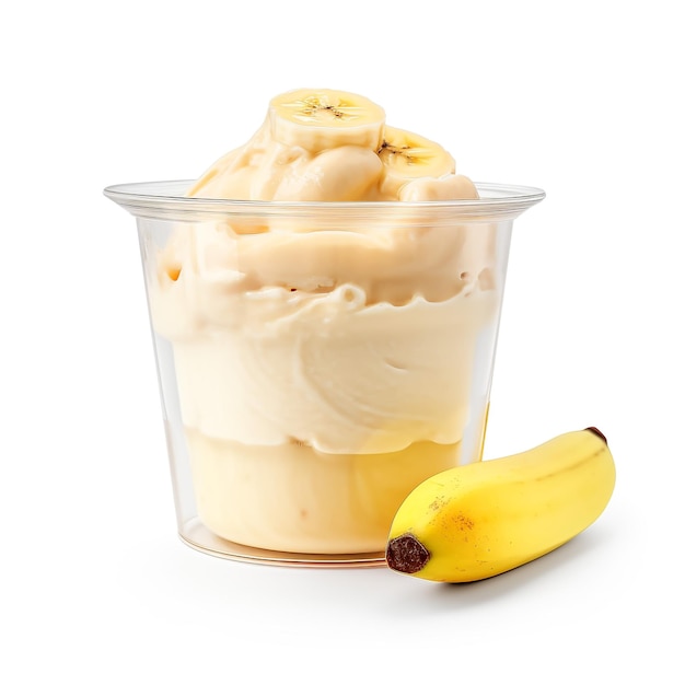 Foto uma foto de um recipiente transparente elegante com sorvete com sabor a banana isolado em fundo branco