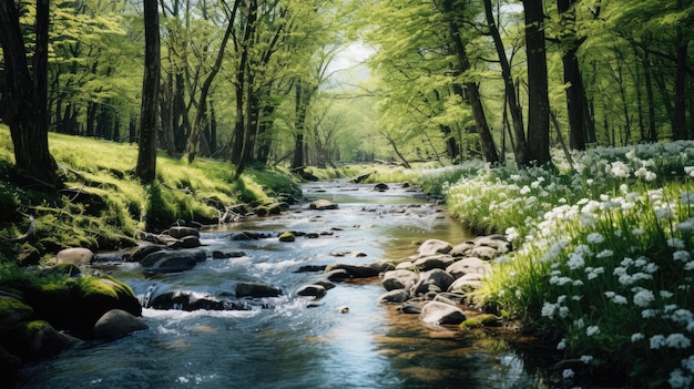 Uma foto de um riacho suave fluindo através de uma floresta