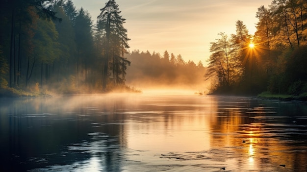 Uma foto de um rio calmo com uma floresta enevoada ao fundo, iluminação da hora dourada