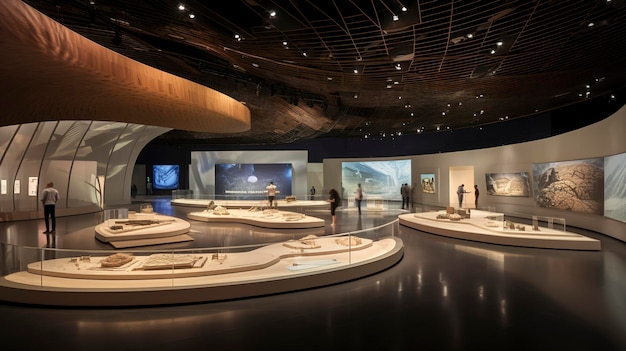Foto uma foto de um salão de exposições de arquitetura com exposições de projetos inovadores