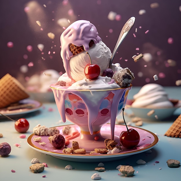 Uma foto de um sorvete com uma casquinha de sorvete rosa e uma cereja no topo.