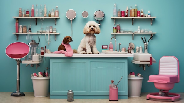 Uma foto de um spa para animais de estimação com garrafas de shampoo e ferramentas de higiene