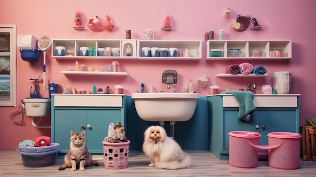 Uma foto de um spa para animais de estimação com garrafas de shampoo e ferramentas de higiene