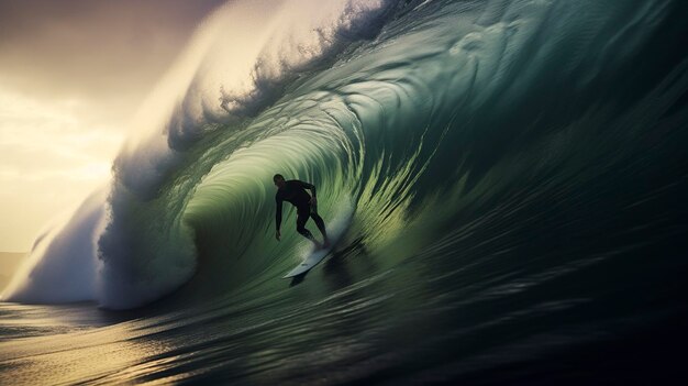 Uma foto de um surfista pegando uma onda