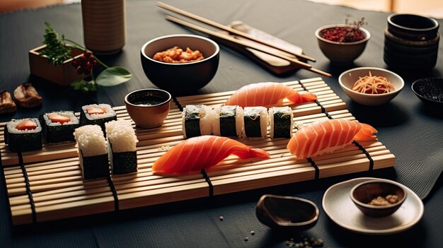 uma foto de um sushi tradicional espalhando tapete de bambu luz natural suave