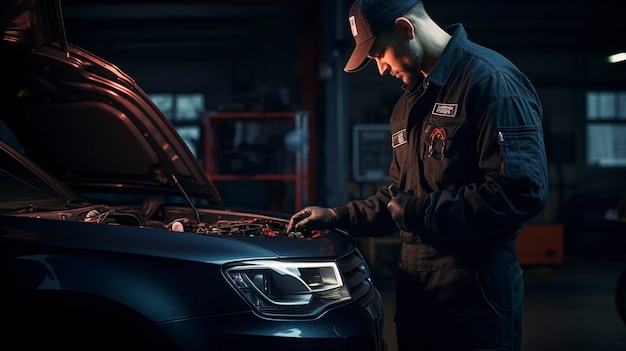 Uma foto de um técnico a realizar uma inspecção do veículo