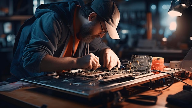 Uma foto de um técnico consertando um laptop