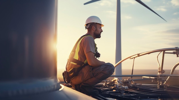 Uma foto de um técnico de turbina eólica realizando manutenção