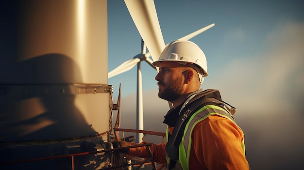 Uma foto de um técnico em energia eólica inspecionando uma turbina