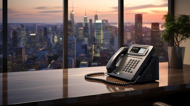 Uma foto de um telefone de escritório em uma mesa minimalista