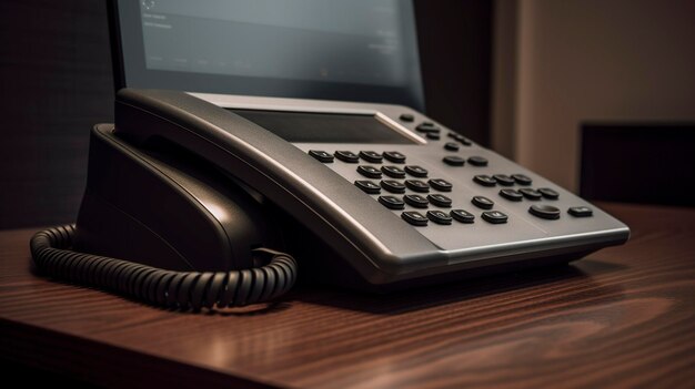 Uma foto de um telefone de mesa moderno com correio de voz integrado e redirecionamento de chamadas