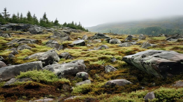 Uma foto de um terreno de tundra com um aglomerado de rochas cobertas de líquen em uma floresta distante