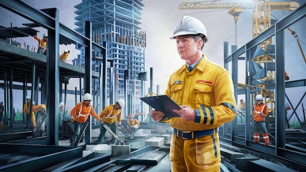 uma foto de um trabalhador de construção em um uniforme amarelo