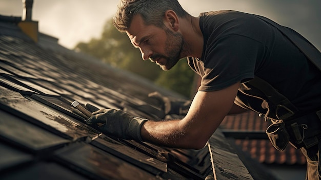 Uma foto de um trabalhador de manutenção consertando um telhado