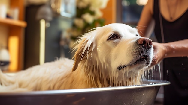 Uma foto de um tratador de animais dando uma massagem terapêutica a um cão