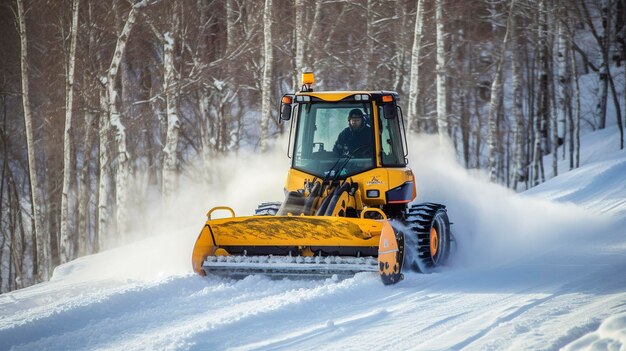 Uma foto de um tratador de neve durável preparando pistas de esqui