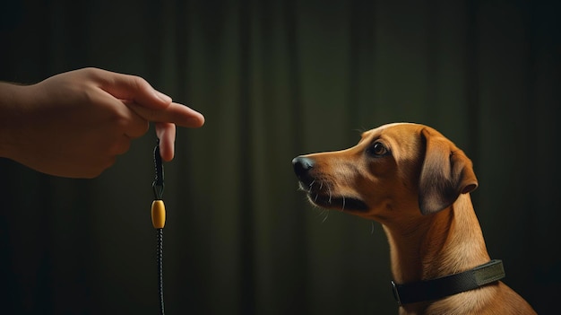 Uma foto de um treinador de animais de estimação usando um apito como dica