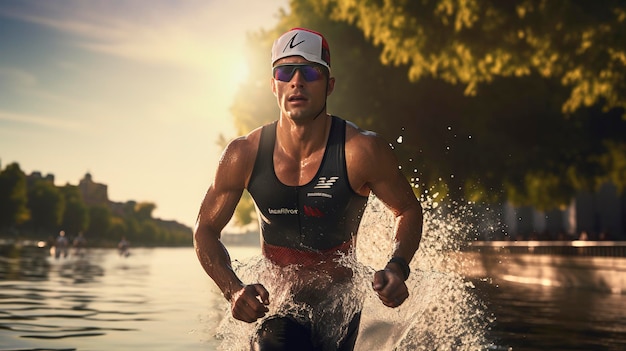 Uma foto de um triatleta no calor da corrida