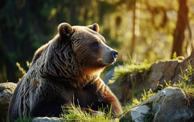 Foto uma foto de um urso-pardo a tomar sol à luz do sol quente