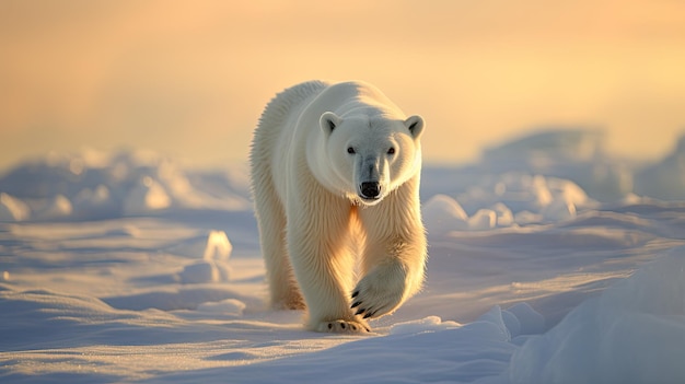 Uma foto de um urso polar caminhando sobre uma paisagem nevada de gelo ao fundo