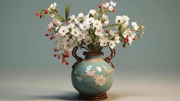 Uma foto de um vaso decorativo com flores frescas