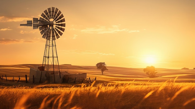 Uma foto de um velho moinho de vento rústico campos de trigo no fundo