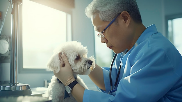 Uma foto de um veterinário dando tratamento dermatológico a um animal de estimação