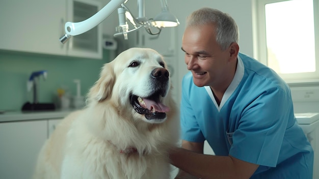 Uma foto de um veterinário realizando atendimento odontológico em um animal de estimação