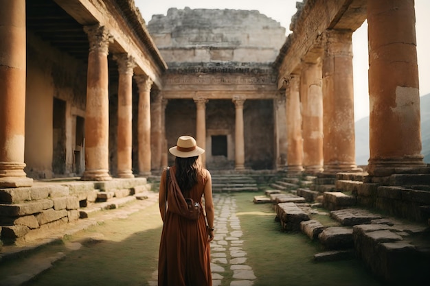 Foto uma foto de um viajante explorando ruínas antigas em um destino histórico