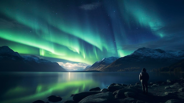 Uma foto de um viajante observando a aurora boreal no Ártico
