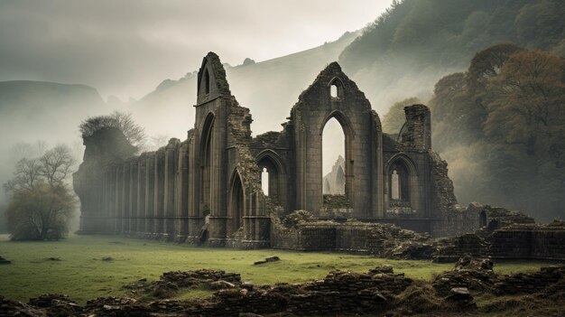 Foto uma foto de uma antiga abadia em ruínas cercada por colinas nebulosas