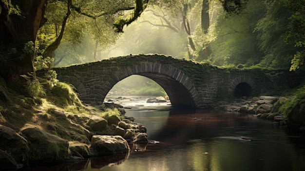 Uma foto de uma antiga ponte de pedra coberta de musgo