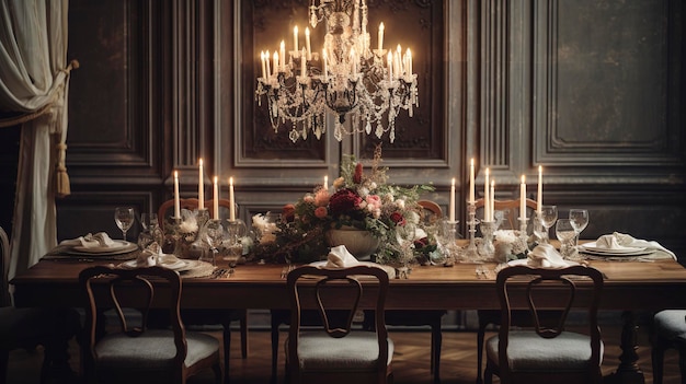 Uma foto de uma área de jantar elegante com um lustre e uma mesa formal