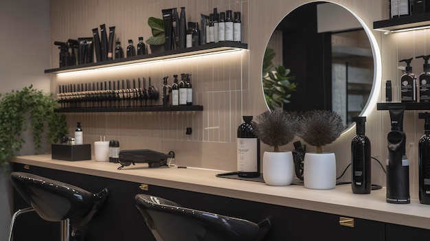 Uma foto de uma área de tratamento de cabelo de um salão de beleza com produtos de condicionamento