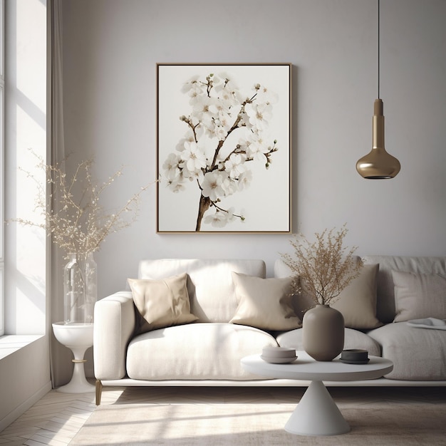 Uma foto de uma árvore com flores brancas está pendurada acima de um sofá.