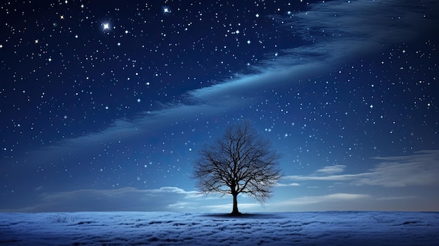 Uma foto de uma árvore solitária em um campo nevado sob céus de inverno estrelados azuis à meia-noite