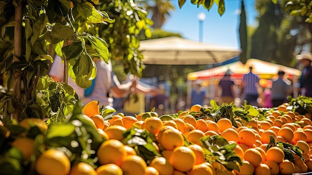 Foto uma foto de uma barraca de mercado de um agricultor com uma variedade de produtos de laranja fresca