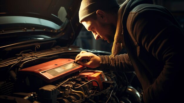 Uma foto de uma bateria de carro sendo testada e substituída