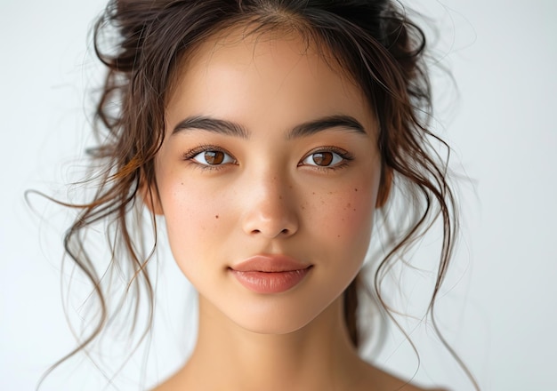 Uma foto de uma bela jovem com cabelos castanhos e olhos castanhos. Ela está sorrindo.