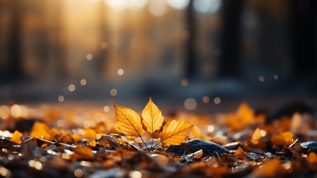 Uma foto de uma bela paisagem de floresta de outono com cartão postal de folhas amarelas de outono