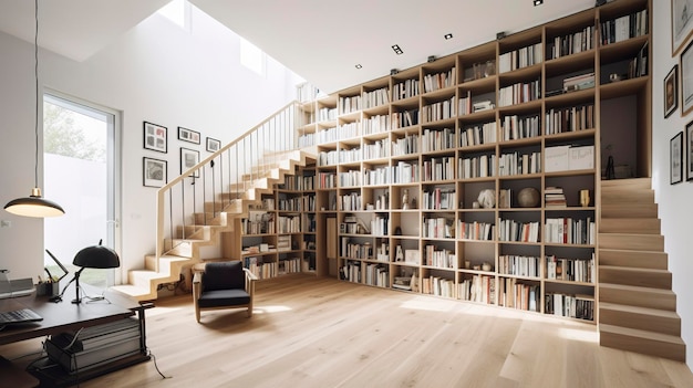 Uma foto de uma biblioteca doméstica minimalista com estantes deslizantes