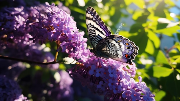 Uma foto de uma borboleta em um arbusto de lila manchado de luz solar