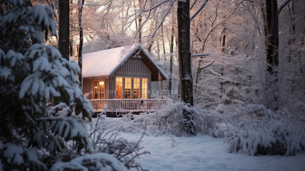 Uma foto de uma cabana coberta de neve com a luz suave da manhã