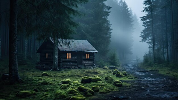Uma foto de uma cabana de madeira desgastada com fundo de floresta nebulosa