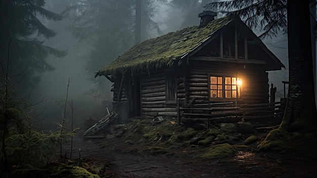 Uma foto de uma cabana de madeira rústica em uma névoa densa, iluminação fraca e temperamental