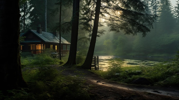 Uma foto de uma cabana remota com um fundo de floresta densa