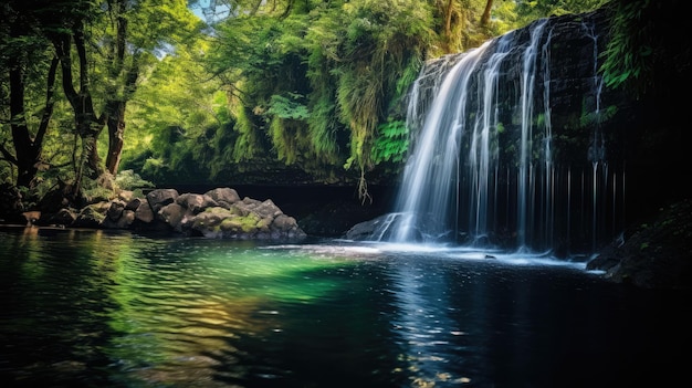 Uma foto de uma cachoeira com uma luz solar manchada de arco-íris