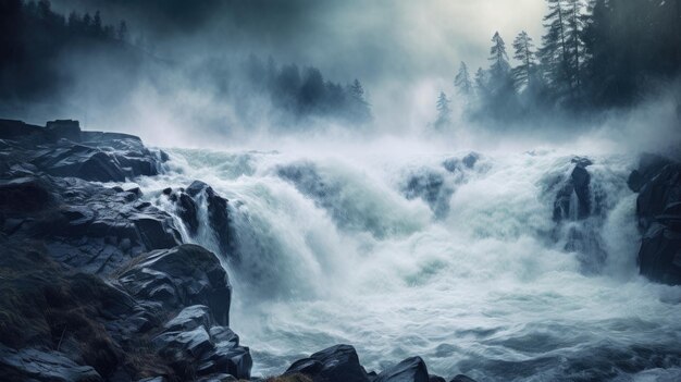 Uma foto de uma cachoeira furiosa em ambientes nebulosos